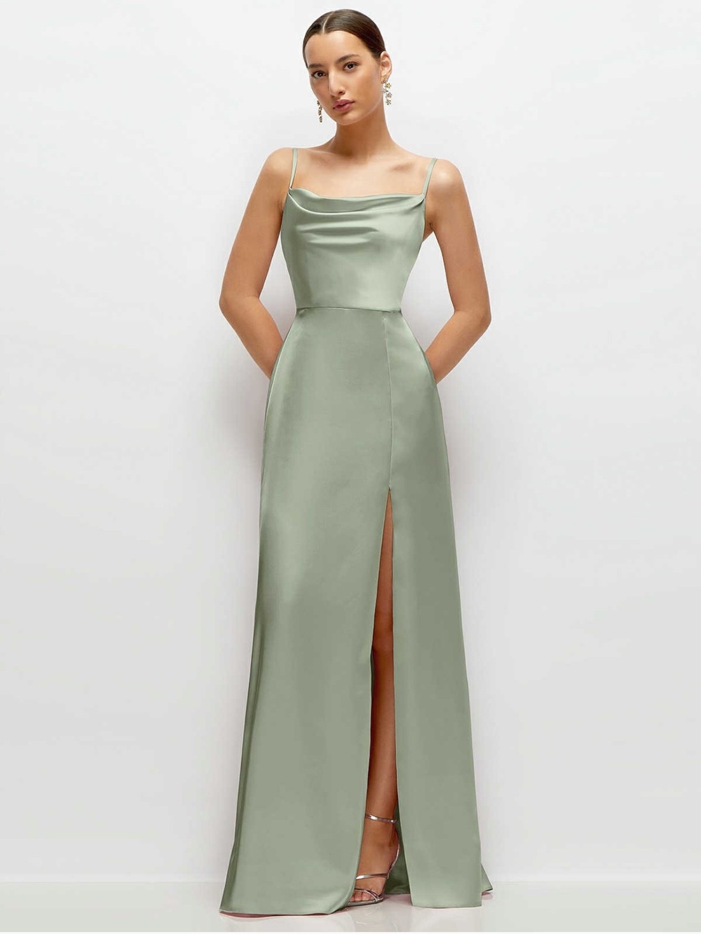Dessy Group Sage Satin Maxi Dress Medium Bridesmaid Cowl Neck